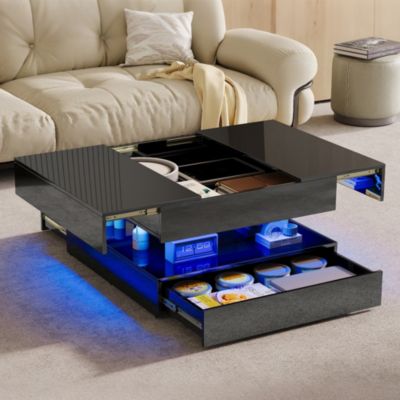 Table basse carrée laquée avec éclairage LED, rangements intégrés, Noir