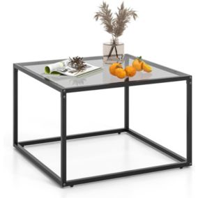 Table Basse Carree 70x70x45cm en Verre Trempe-Cadre en Metal-Style Simple Moderne Gris & Noir