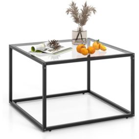 Table Basse Carree 70x70x45cm en Verre Trempe-Cadre en Metal-Style Simple Moderne Transparent & Noir