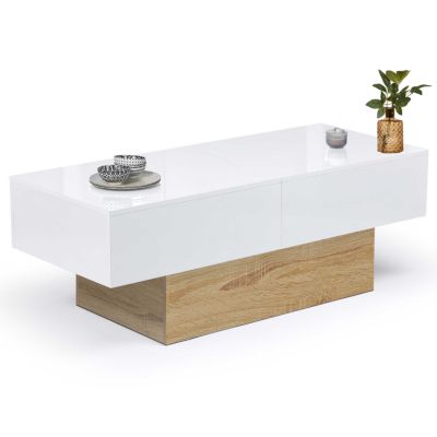 Table basse coulissante rectangulaire MARTA bois imitation hêtre et blanc