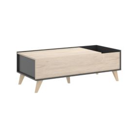 Table basse Cuna, Porte-revues de salon avec compartiment de rangement, Table basse élévatrice, 99x60h41 cm, Anthracite et Chêne