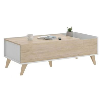 Table basse Cuna, Porte-revues de salon avec compartiment de rangement, Table basse élévatrice basse, 99x60h41 cm, Chêne et Blanc