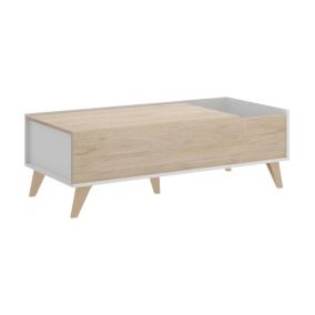 Table basse Cuna, Porte-revues de salon avec compartiment de rangement, Table basse élévatrice basse, 99x60h41 cm, Chêne et Blanc