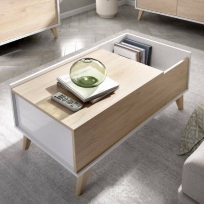 Table basse Cuna, Porte-revues de salon avec compartiment de rangement, Table basse élévatrice basse, 99x60h41 cm, Chêne et Blanc