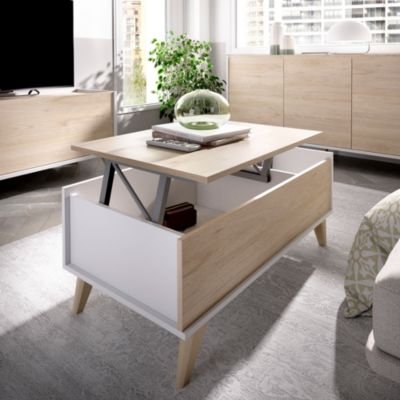 Table basse Cuna, Porte-revues de salon avec compartiment de rangement, Table basse élévatrice basse, 99x60h41 cm, Chêne et Blanc