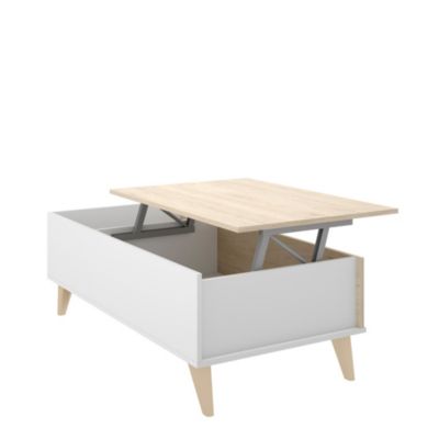 Table basse Cuna, Porte-revues de salon avec compartiment de rangement, Table basse élévatrice basse, 99x60h41 cm, Chêne et Blanc