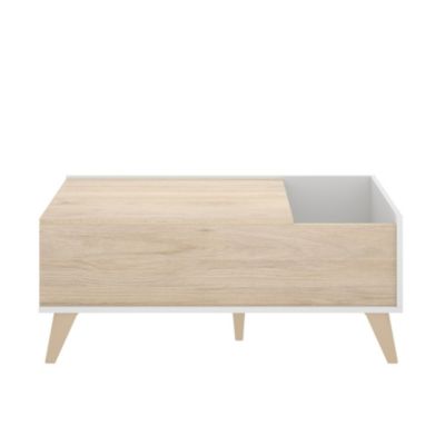 Table basse Cuna, Porte-revues de salon avec compartiment de rangement, Table basse élévatrice basse, 99x60h41 cm, Chêne et Blanc