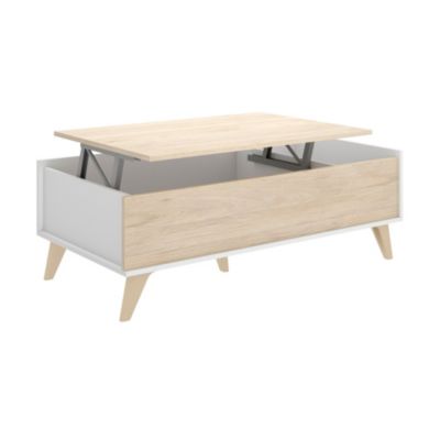 Table basse Cuna, Porte-revues de salon avec compartiment de rangement, Table basse élévatrice basse, 99x60h41 cm, Chêne et Blanc