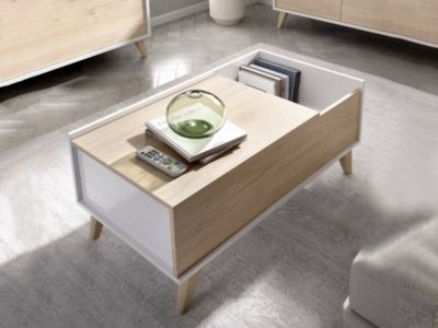 Table basse Cuna, Porte-revues de salon avec compartiment de rangement, Table basse élévatrice basse, 99x60h41 cm, Chêne et Blanc