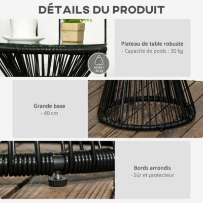 Table basse d'appoint de jardin style cosy dia. 40 cm plateau verre résine filaire