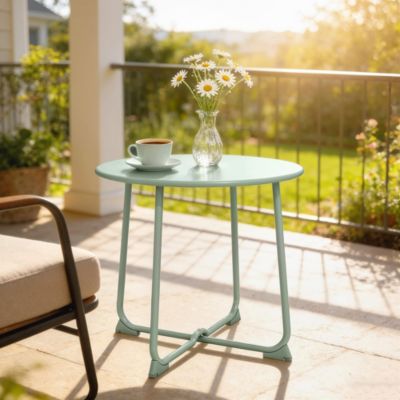 Table basse de jardin compacte dia.50 x H.45 cm métal vert d'eau