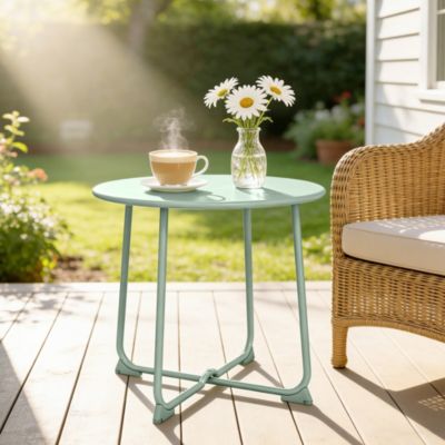 Table basse de jardin compacte dia.50 x H.45 cm métal vert d'eau