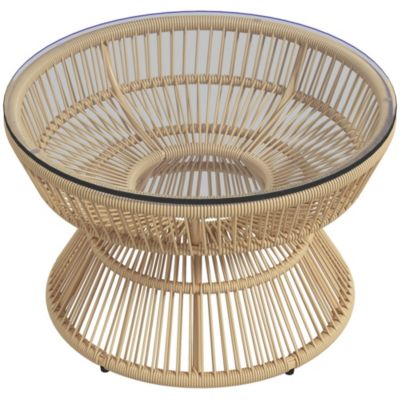 Table basse de jardin ronde résine aspect rotin plateau verre beige