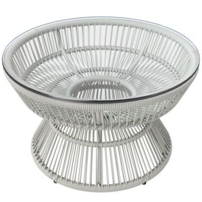 Table basse de jardin ronde résine aspect rotin plateau verre gris