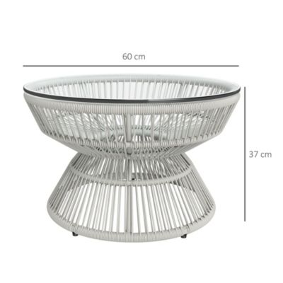 Table basse de jardin ronde résine aspect rotin plateau verre gris