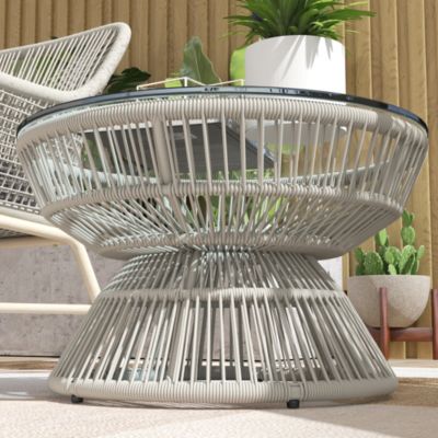 Table basse de jardin ronde résine aspect rotin plateau verre gris