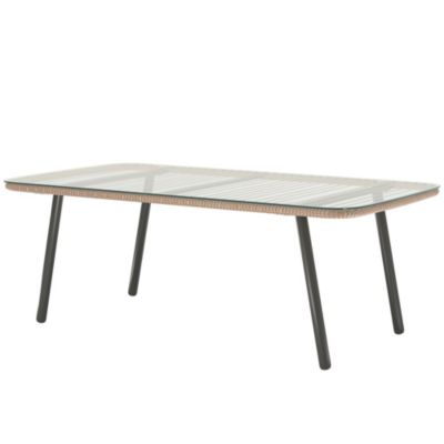 Table basse de jardin style Acapulco piètement incliné acier noir résine filée effet naturel plateau verre trempé