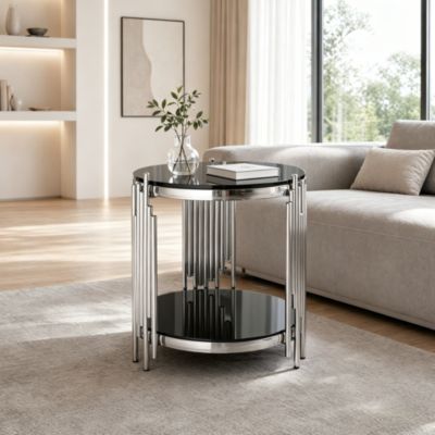 Table basse de salon, 45 x 45 x 55 cm, en stainless steel et verre trempé noir et argenté, rangements, structure stable