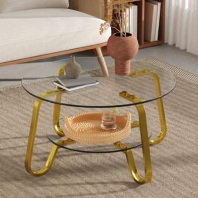 Table basse de salon, 80 x 80 x 45 cm, en métal doré, rangements, verre trempé, structure stable, pour salon et salle à manger