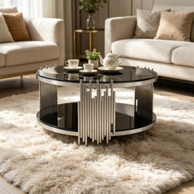 Table basse de salon, 80 x 80 x 45 cm, en stainless steel et verre trempé noir et argenté, rangements, structure stable