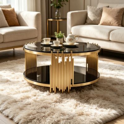 Table basse de salon, 80 x 80 x 45 cm, en stainless steel et verre trempé noir et doré, rangements, structure stable