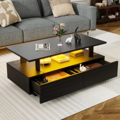 Table Basse de Salon avec LED et Contrôle Bluetooth - Double Niveau avec 2 Tiroirs de Rangement, Acrylique, Noir, 100x50x42,5 cm