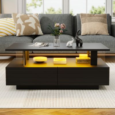 Table Basse de Salon avec LED et Contrôle Bluetooth - Double Niveau avec 2 Tiroirs de Rangement, Acrylique, Noir, 100x50x42,5 cm
