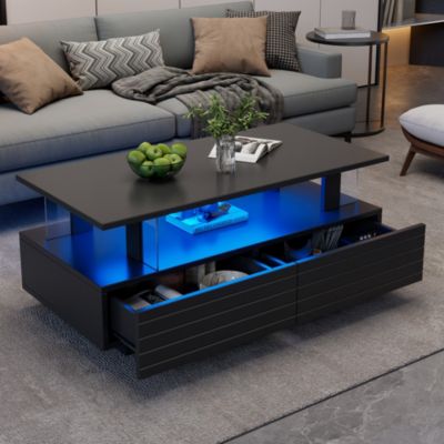 Table Basse de Salon avec LED et Contrôle Bluetooth - Double Niveau avec 2 Tiroirs de Rangement, Acrylique, Noir, 100x50x42,5 cm