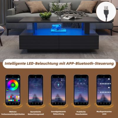 Table Basse de Salon avec LED et Contrôle Bluetooth - Double Niveau avec 2 Tiroirs de Rangement, Acrylique, Noir, 100x50x42,5 cm