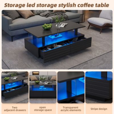 Table Basse de Salon avec LED et Contrôle Bluetooth - Double Niveau avec 2 Tiroirs de Rangement, Acrylique, Noir, 100x50x42,5 cm