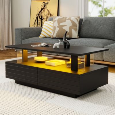 Table Basse de Salon avec LED et Contrôle Bluetooth - Double Niveau avec 2 Tiroirs de Rangement, Acrylique, Noir, 100x50x42,5 cm