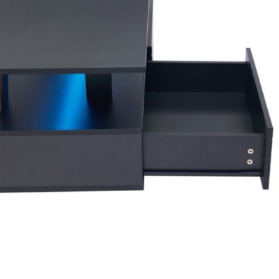 Table Basse de Salon avec LED et Contrôle Bluetooth - Double Niveau avec 2 Tiroirs de Rangement, Acrylique, Noir, 100x50x42,5 cm
