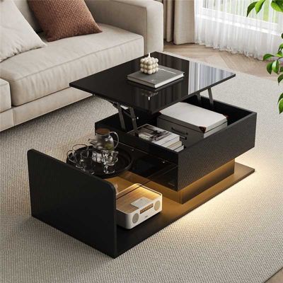 Table basse de salon, en panneaux de particules noir, charge 35 kg, LED, plateau relevable, rangements, bords arrondis, verre