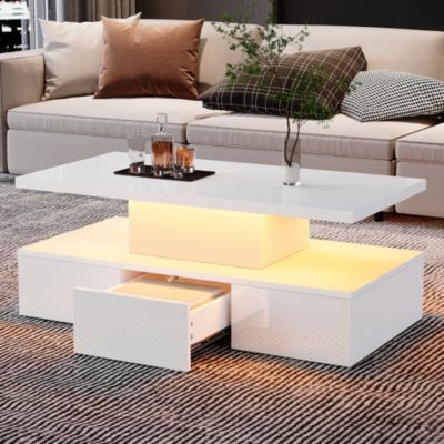 Table Basse de Salon Moderne Blanche à 2 Niveaux, Éclairage LED 16 Couleurs, Tiroir Coulissant et Étagère Ouverte - 100x50x39 cm