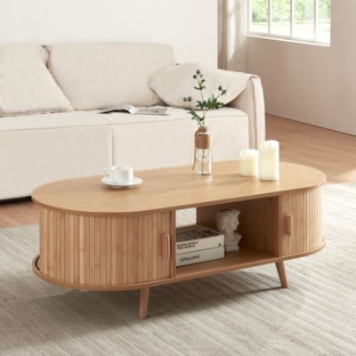 Table basse de salon Nordkapp avec portes coulissantes MDF bambou bois 120 x 55 x 40 cm naturel en.casa