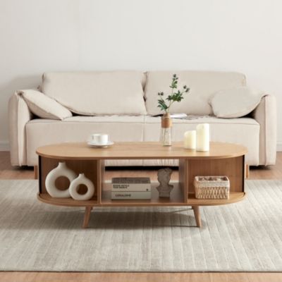 Table basse de salon Nordkapp avec portes coulissantes MDF bambou bois 120 x 55 x 40 cm naturel en.casa