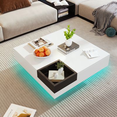 Table Basse Design Avec Compartiment Amovible - Couleur Bloc Blanc/noir Et Éclairage LED