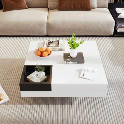 Table Basse Design Avec Compartiment Amovible - Couleur Bloc Blanc/noir Et Éclairage LED