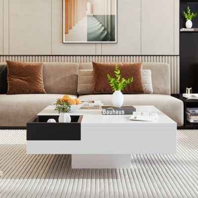 Table Basse Design Avec Compartiment Amovible - Couleur Bloc Blanc/noir Et Éclairage LED