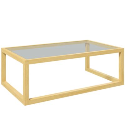 Table basse design contemporain plateau verre trempé structure piètement bois d'hévéa