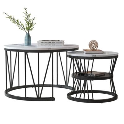 Table basse,design tambour élégant, lot de 2, table d'appoint, cadre doré, tables rondes avec motif en marbre noir