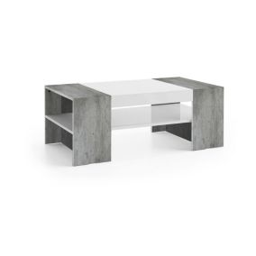 Table basse Dfort, Table basse, Porte-revues, 100% Made in Italy, 110x60h40 cm, Blanc brillant et béton