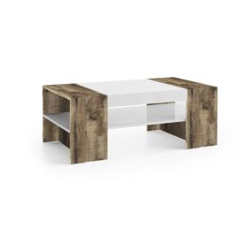 Table basse Dfort, Table basse, Porte-revues, 100% Made in Italy, 110x60h40 cm, Blanc brillant et Erable