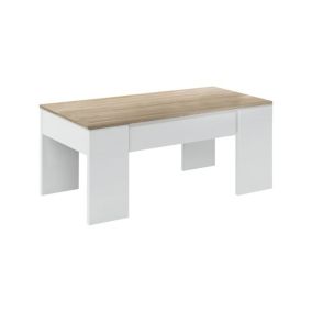 Table basse Dleal, Table basse avec plateau élévateur, Table basse de salon, 100x50h45/56 cm, Blanc et Chêne