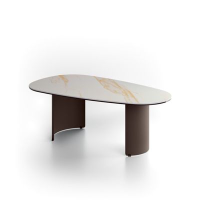 Table basse Dolmen avec plateau en céramique effet marbre Calacatta Gold et structure en bronze - Stones