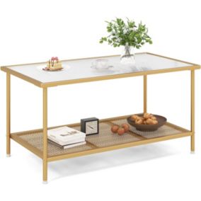 Table Basse Dore 2 Niveaux Rectangulaire en Verre 90x50x45cm-Charge95KG-Style Moderne avec Cadre Metallique