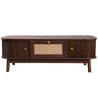 Table basse effet noyer vintage et rotin 1 tiroir et 2 niches