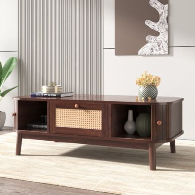 Table basse effet noyer vintage et rotin 1 tiroir et 2 niches