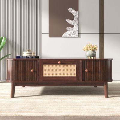 Table basse effet noyer vintage et rotin 1 tiroir et 2 niches
