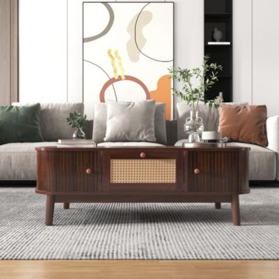 Table basse effet noyer vintage et rotin 1 tiroir et 2 niches